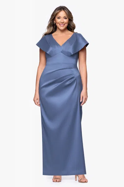 Betsy & Adam Plus "rosa" Mikado V-neck Floor Length Dress In Blue