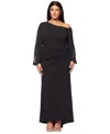 Betsy & Adam Plus Size Asymmetric Long-sleeve Gown In Black