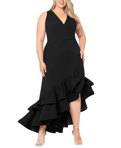 Betsy & Adam Plus Size Asymmetric Ruffled Gown In Black