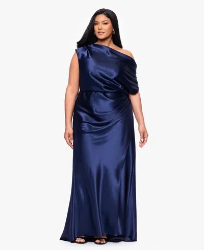 Betsy & Adam Plus Size Asymmetrical Neck Ball Gown In Blue