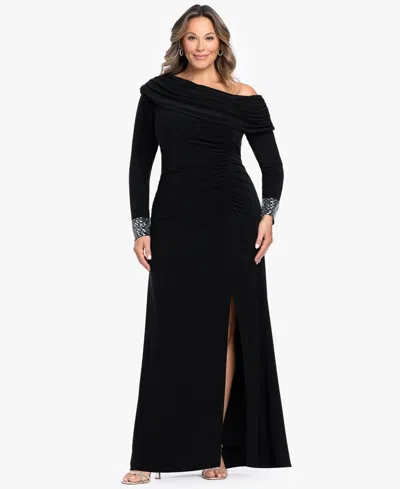 Betsy & Adam Plus Size Asymmetrical Neck Gown In Silver