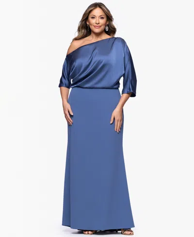 Betsy & Adam Plus Size Asymmetrical Neck Long Dress In Blue