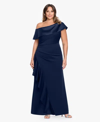 Betsy & Adam Plus Size Asymmetrical Off-the-shoulder Ball Gown In Blue