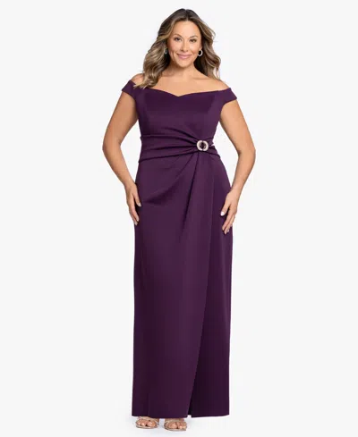 Betsy & Adam Plus Size Asymmetrical Off-the-shoulder Gown Dress In Purple