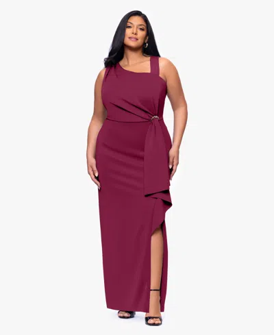 Betsy & Adam Plus Size Asymmetrical Sleeveless Ball Gown In Burgundy