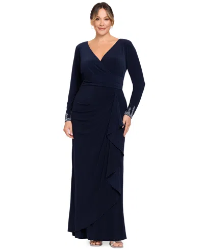Betsy & Adam Plus Size Beaded-sleeve Side-ruffle Maxi Dress In Navy Silver