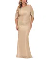 Betsy & Adam Plus Size Cape Back Metallic Gown In Gold