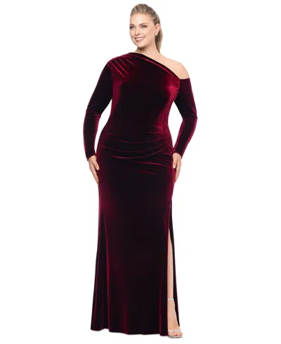 Betsy & Adam Plus Size Cold-shoulder Velvet Gown In Burgundy