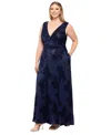 Betsy & Adam Plus Size Crinkle Sleeveless V-neck Gown In Navy,black