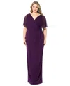 BETSY & ADAM PLUS SIZE DRAPED-BACK FLUTTER-SLEEVE GOWN