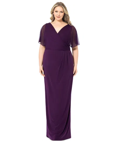 Betsy & Adam Plus Size Draped-back Flutter-sleeve Gown In Plum