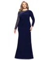 Betsy & Adam Plus Size Embellished Asymmetric Gown In Navy,silver