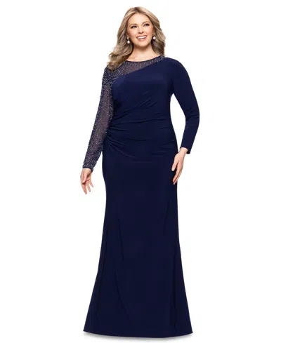 Betsy & Adam Plus Size Embellished Asymmetric Gown In Navy,silver
