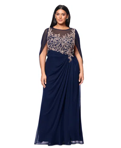 Betsy & Adam Plus Size Floral-applique Cape-sleeve Gown In Navy,rose
