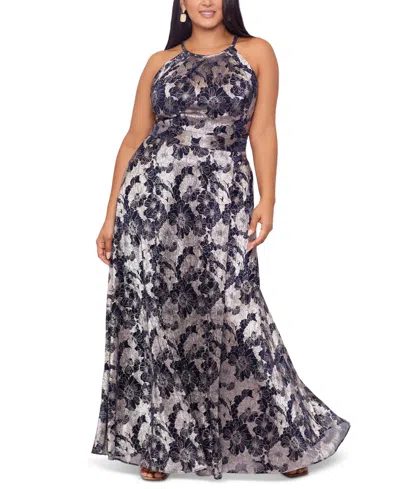 Betsy & Adam Plus Size Floral Foil Print Halter-neck Gown In Navy Gunmetal