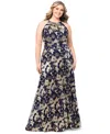 Betsy & Adam Plus Size Floral Foil Print Halter-neck Gown In Navy,gold