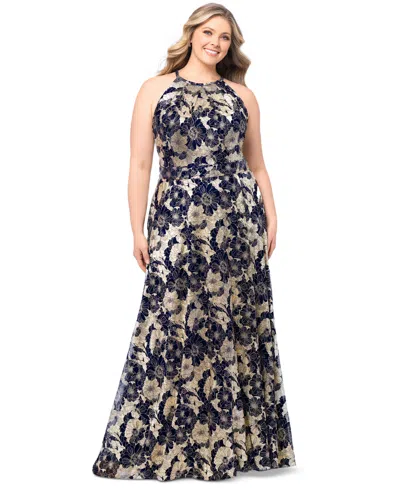 Betsy & Adam Plus Size Floral Foil Print Halter-neck Gown In Navy/gold
