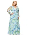 Betsy & Adam Plus Size Floral Pleated Split-sleeve Gown In Blue Multi