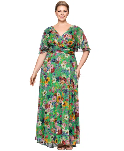 Betsy & Adam Plus Size Floral-print Flutter-sleeve A-line Dress In Green