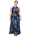 Betsy & Adam Plus Size Floral-print Halter Gown In Black Multi