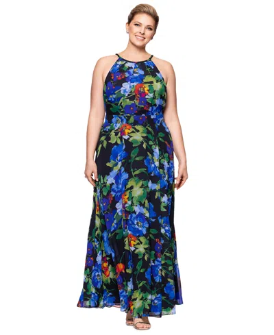 Betsy & Adam Plus Size Floral-print Halter Gown In Black Multi