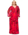 Betsy & Adam Plus Size Printed Pleated Long-sleeve Gown In Red,fuchsia