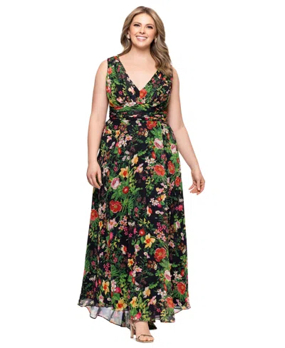 Betsy & Adam Plus Size Floral Print V-neck Sleeveless Gown In Black,red
