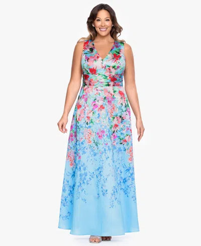 Betsy & Adam Plus Size Floral Print V-neck Sleeveless Gown In Multi