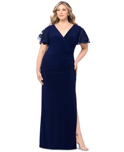 Betsy & Adam Plus Size Flutter-sleeve Surplice-neck Gown In Navy