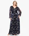 Betsy & Adam Plus Size Foil Crink Long Sleeve A-line Dress In Multi