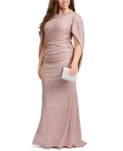 Betsy & Adam Plus Size Galaxy Glitter Draped Gown In Pink