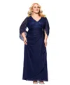 Betsy & Adam Plus Size Lace-cape-sleeve Embellished Gown In Navy