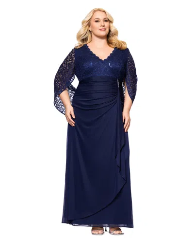 Betsy & Adam Plus Size Lace-cape-sleeve Embellished Gown In Navy
