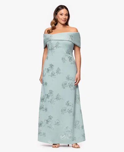 Betsy & Adam Plus Size Long Jacquard Off The Shoulder Ball Gown In Green