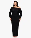 Betsy & Adam Plus Size Long Ruched Mesh Dress In Black