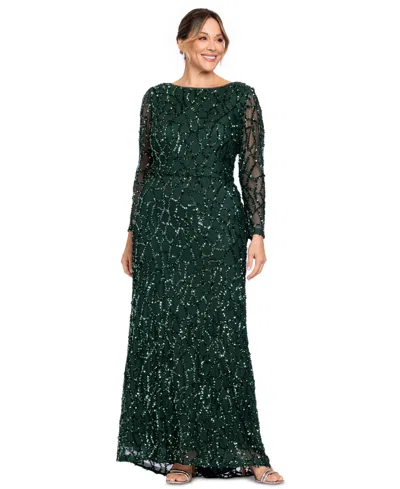 Betsy & Adam Plus Size Long-sleeve Sequin Gown In Green