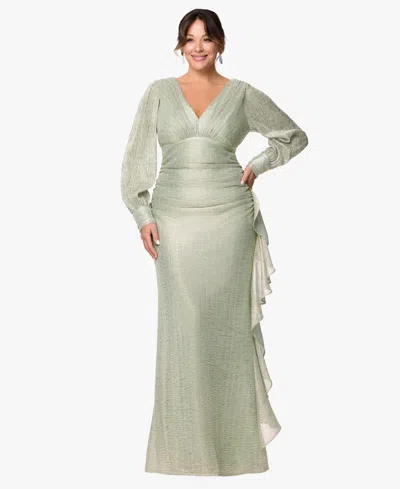 Betsy & Adam Plus Size Long-sleeve V-neck Metallic Dress In Gray