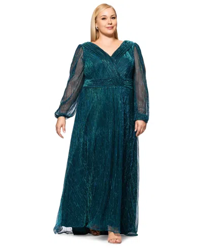 Betsy & Adam Plus Size Metallic Pleated Split-sleeve Gown In Jade