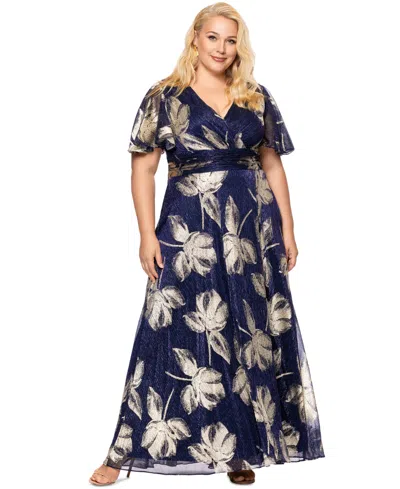 Betsy & Adam Plus Size Metallic-print A-line Dress In Navy,gold