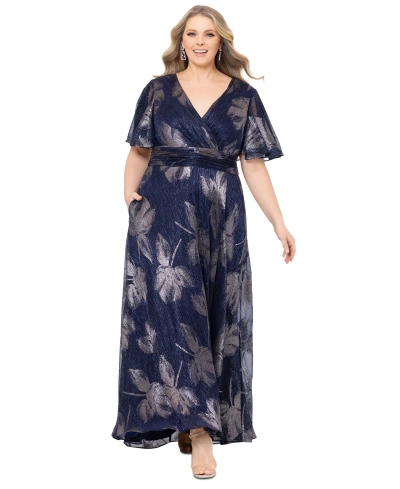 Betsy & Adam Plus Size Metallic-print A-line Dress In Navy,gunmetal