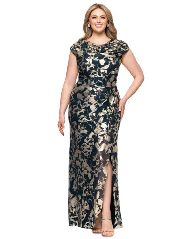 Betsy & Adam Plus Size Metallic Print Cowlneck Gown In Blue