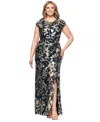 Betsy & Adam Plus Size Metallic Print Cowlneck Gown In Navy,gold