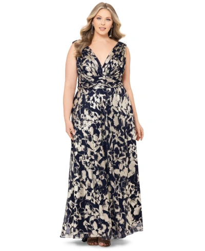 Betsy & Adam Plus Size Metallic-print Gown In Navy,gold