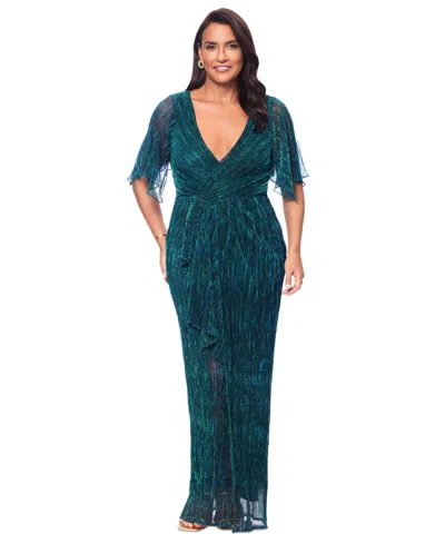 Betsy & Adam Plus Size Metallic Ruffle Long Gown In Jade | ModeSens