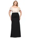 Betsy & Adam Plus Size Mixed-material Off-the-shoulder Gown In Champagne,black