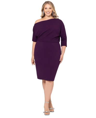 Betsy & Adam Plus Size Off-shoulder 3/4-sleeve Sheath Dress In Mulberry