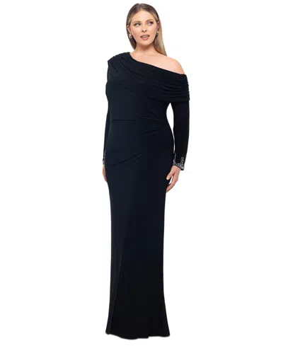 Betsy & Adam Plus Size Off-shoulder Embellished-cuff Dress In Black,silver