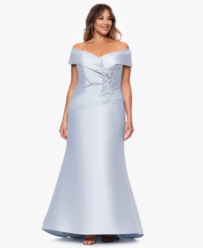 Betsy & Adam Plus Size Off-the-shoulder Beaded Ball Gown In Blue