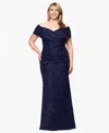 Betsy & Adam Plus Size Off-the-shoulder Jacquard Dress In Blue