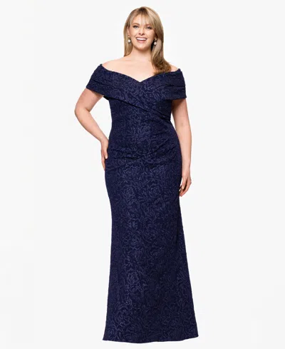Betsy & Adam Plus Size Off-the-shoulder Jacquard Dress In Navy